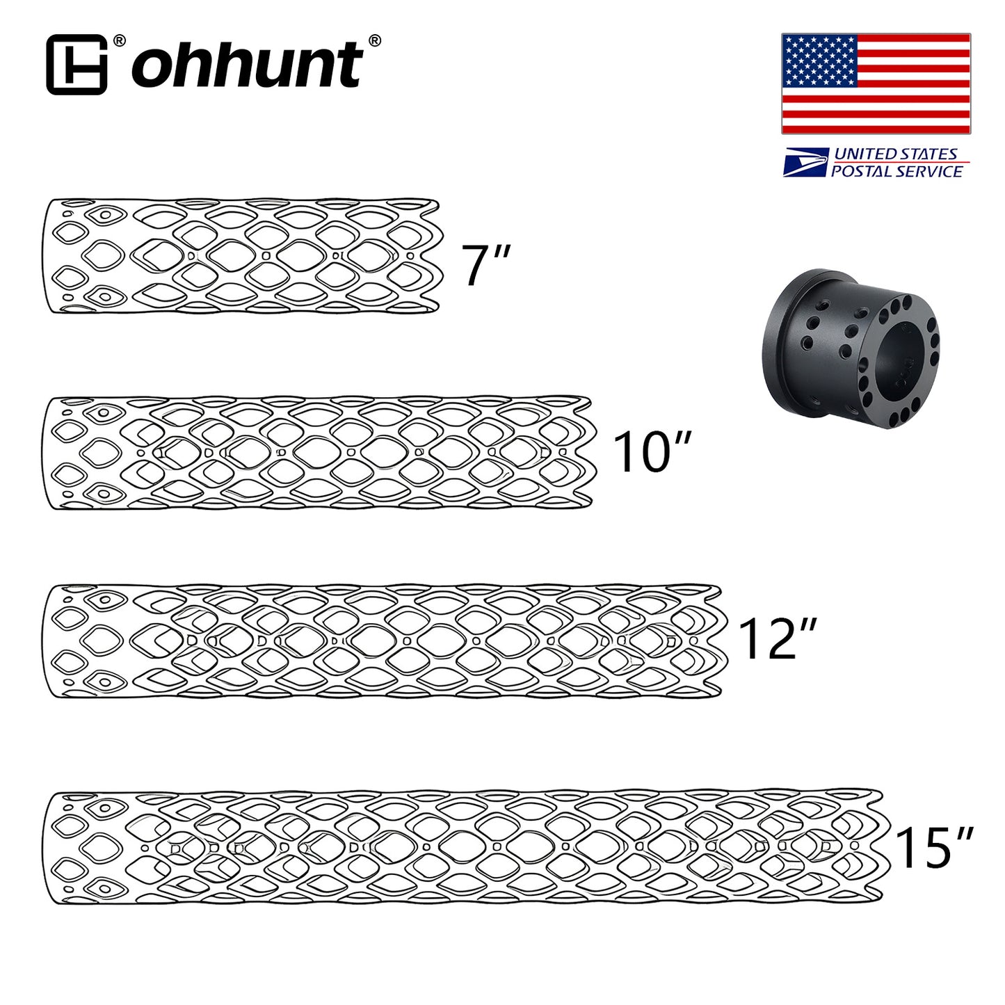 ohhunt® AR-15 Large ID 1.8" Ultra-Light Free Float Handguard Round Tube with Detachable Picatinny Rails 7075 Aluminum - 7" 10" 12" 15"