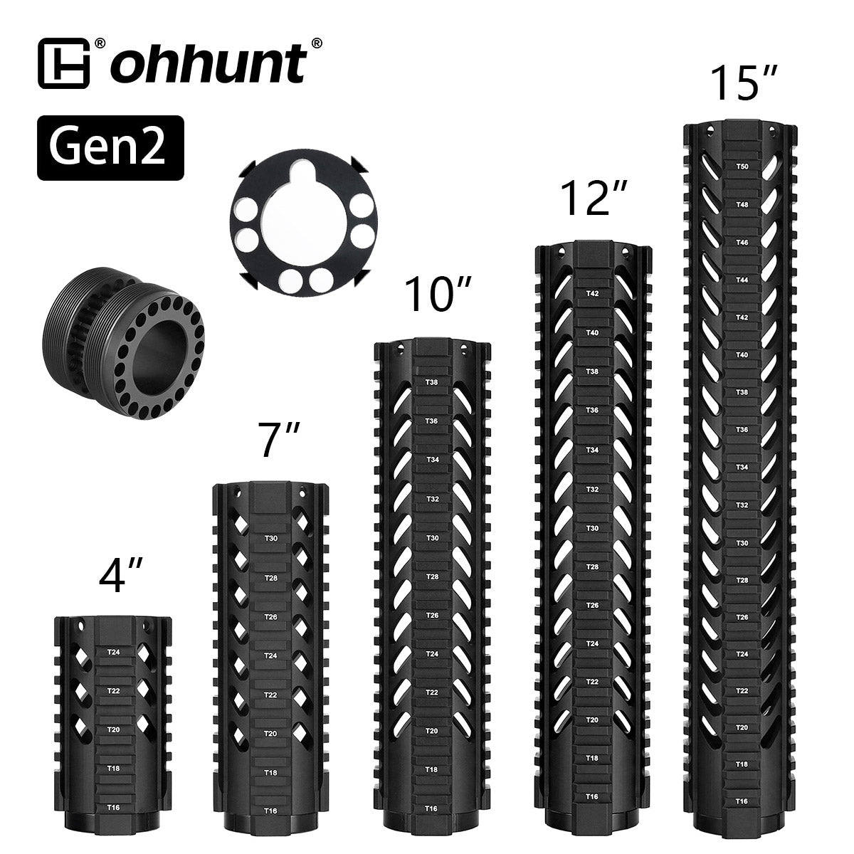 Ohhunt® Gen2 AR-15 M16 Free Float Quad Rail Handguard 4" 7" 10" 12" 15"