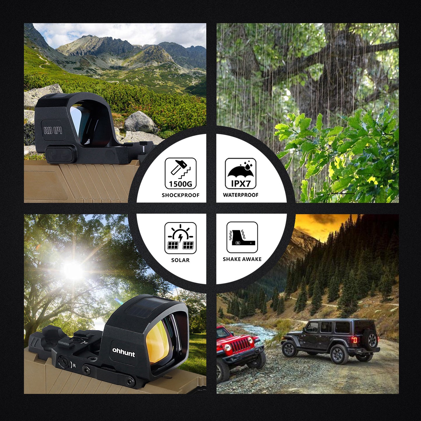 ohhunt® RD U4MR Shake Awake-Leuchtpunktvisier mit extragroßem Fenster, Multi-Absehen, Solarpanel, seitlich montierter Batterie, RMR-Footprint-Cut und Picatinny-Montage