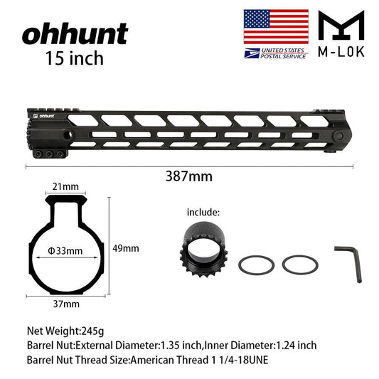 ohhunt® AR-15 15" M-LOK Rail Lightweight handguard Free Float with Barrel Nut
