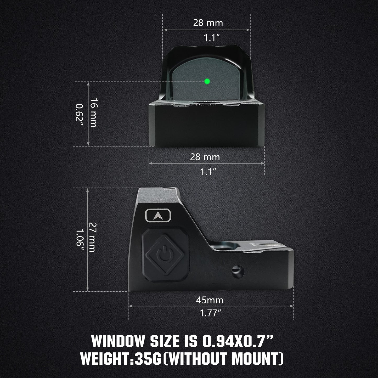 ohhunt® 2 MOA Shake Awake Grünpunktvisier, kompatibel mit Picatinny-Montage oder RMR-Footprint