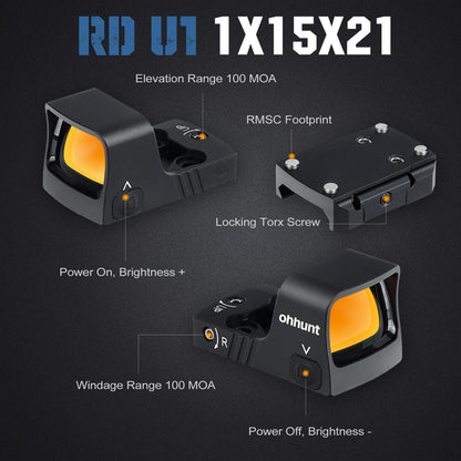 ohhunt® RD U1 3 MOA Shake Awake Red Dot Sight Adjustable 10 Brightness Settings for Pistol