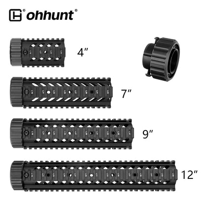 ohhunt AR-15/M4 Free Float Quad Rail Handguard with Steel Barrel Nut  4" 7" 9" 12"