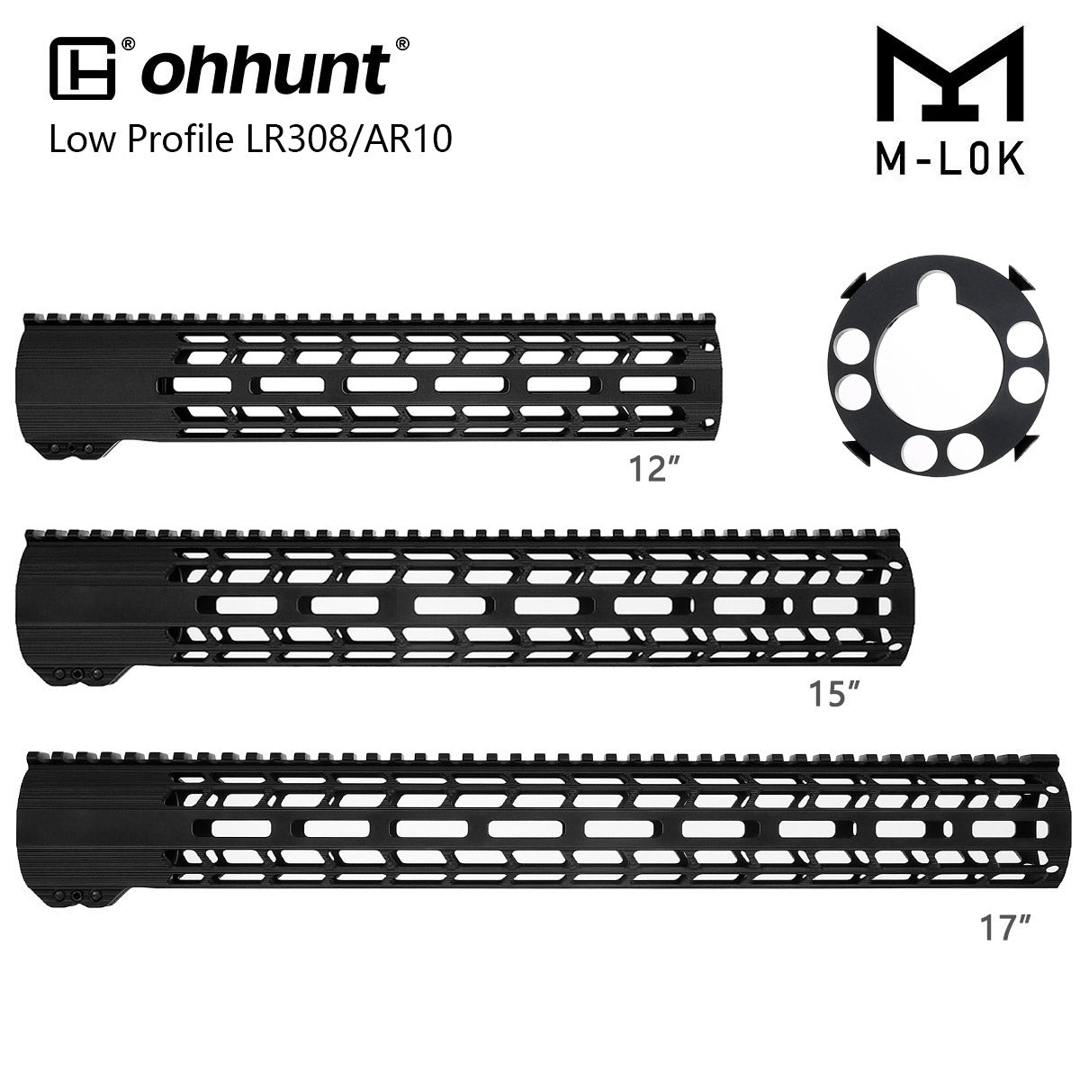 ohhunt® AR10 LR-308 Handschutz mit Laufmutter M-lok Free Float Leichtgewicht 12" 15" 17"