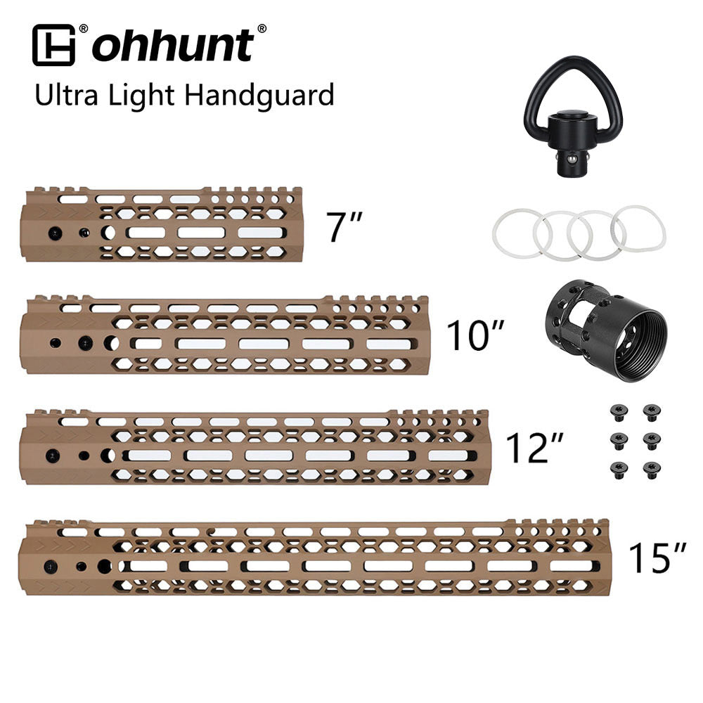 ohhunt® AR-15 Lightweight Slim Honeycomb M-lok Handguard with Steel Barrel Nut - Desert Tan Color