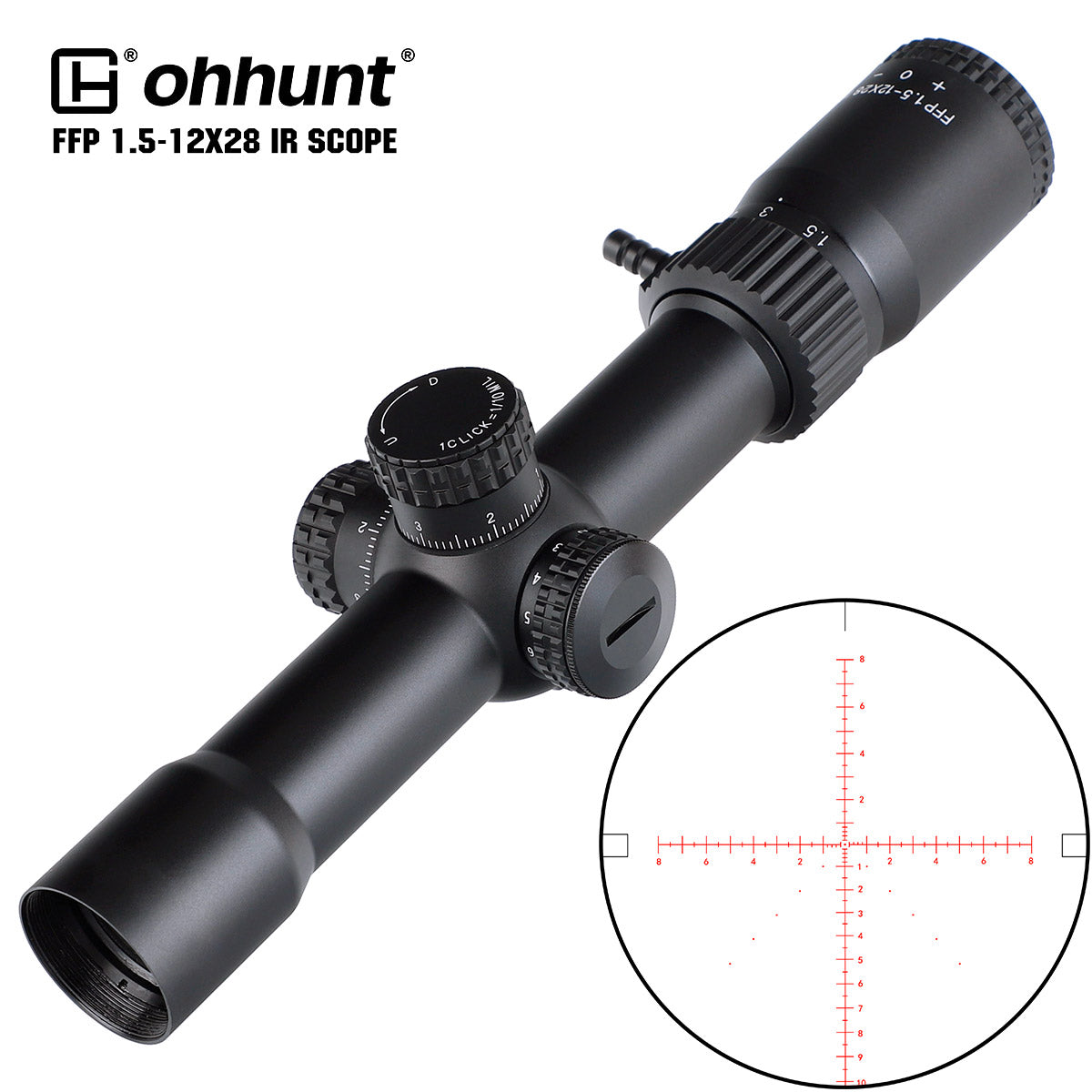 ohhunt® LR FFP 1.5-12X28 IRスコープ、ガラスエッチングレチクル、赤色照明、タレットロックリセット