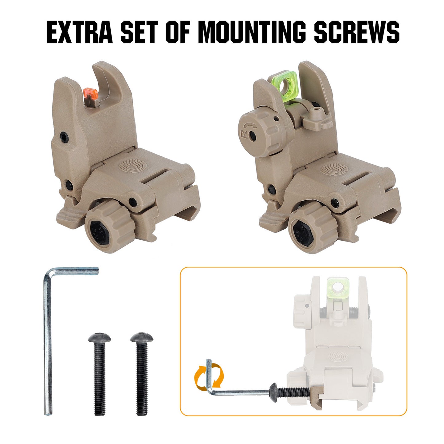 ohhunt® Fiber Optic Flip Up Sights Polymer Back Up Front Rear Sight for Picatinny - Tan