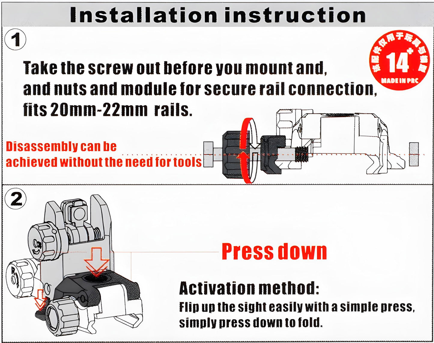 ohhunt® Fiber Optic Flip Up Sights Polymer Back Up Front Rear Sight for Picatinny - Tan