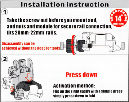ohhunt® Fiber Optic Flip Up Sights Polymer Back Up Front Rear Sight for Picatinny - Tan