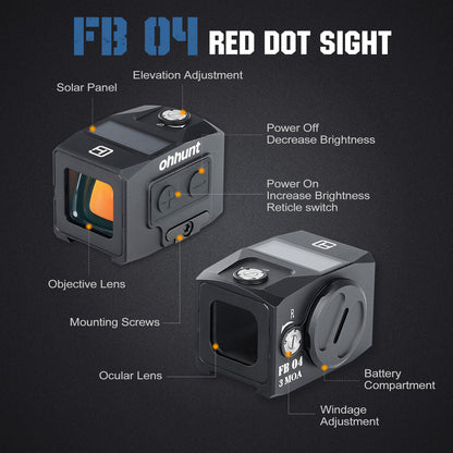 ohhunt FB O4 Motion Awake Red Dot Sight with Solar Power Multiple Reticle & 2 Adapter Plates for RMR Doctor