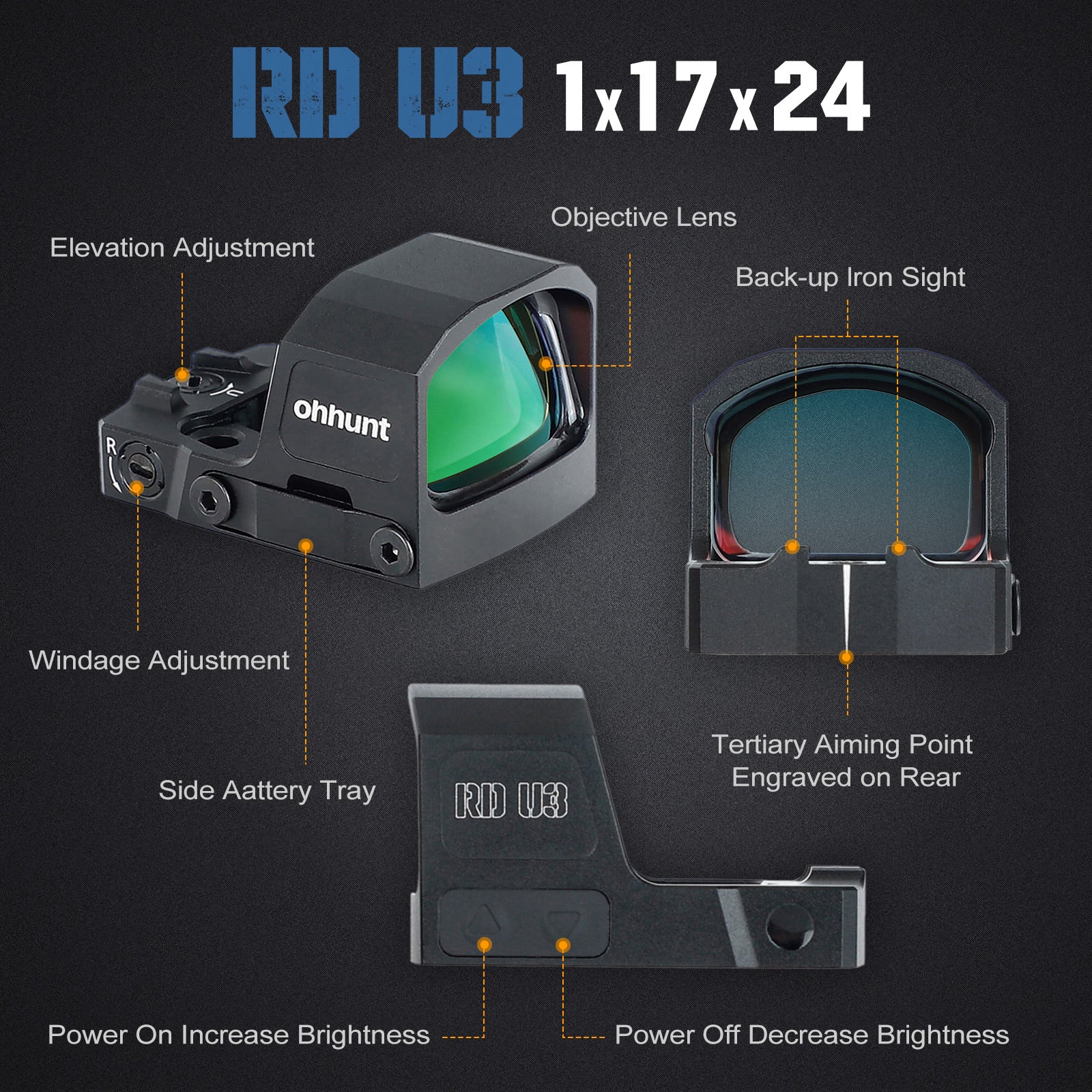 ohhunt® RD U3G Large Window 3 MOA Shake Awake Green Dot Sight with RMS