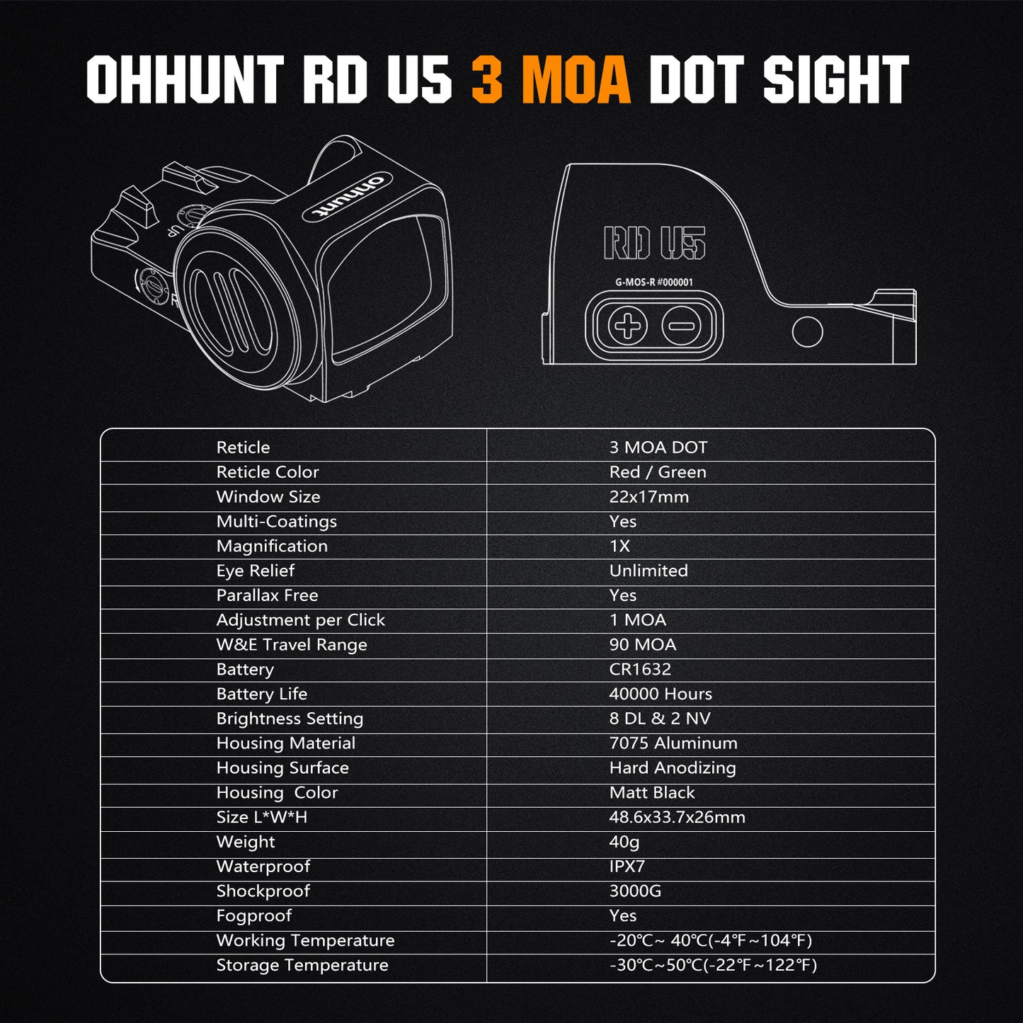 ohhunt® RD U5 3 MOA Dot Reticle Open Reflex Sight 3000G Shockproof Shake Awake Sight Compatible with Full-Size Glock MOS Systems