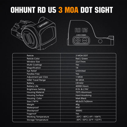 ohhunt® RD U5 3 MOA Dot Reticle Open Reflex Sight 3000G Shockproof Shake Awake Sight Compatible with Full-Size Glock MOS Systems