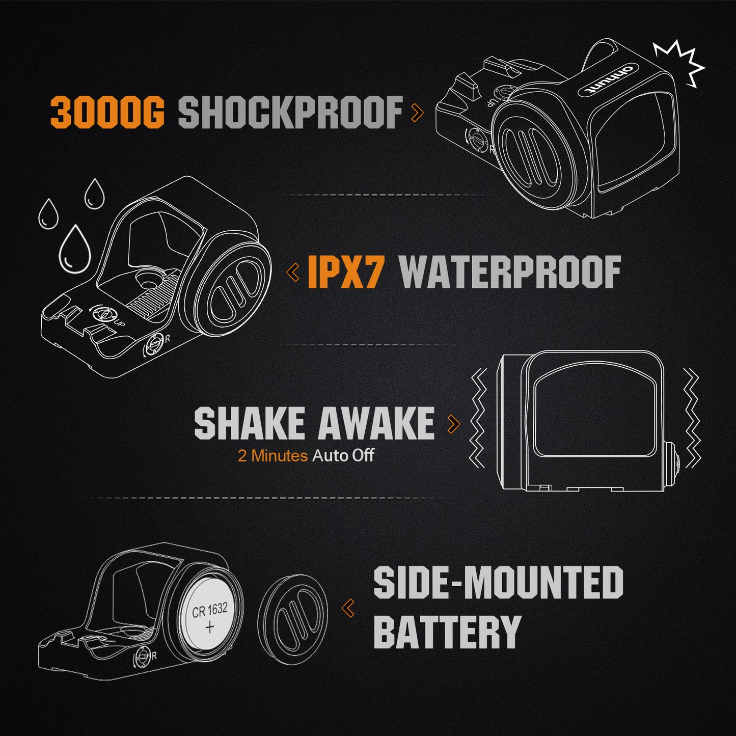 3000G Shockproof,IPX7 Waterproof, Shake Awake, Side-mounted Battery