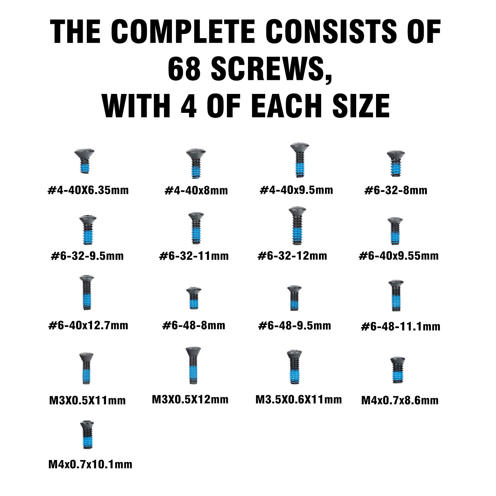 #6-48(8/9.5/11.1mm length), #4-40(6.35/8/9.5mm length), #6-32(8/9.5/11/12mm length), #6-40(9.5/12.7mm length) , M3x0.5(11/12mm length), M3.5x0.6(11mm length),&nbsp; M4x0.7(8.6/10.1mm length).