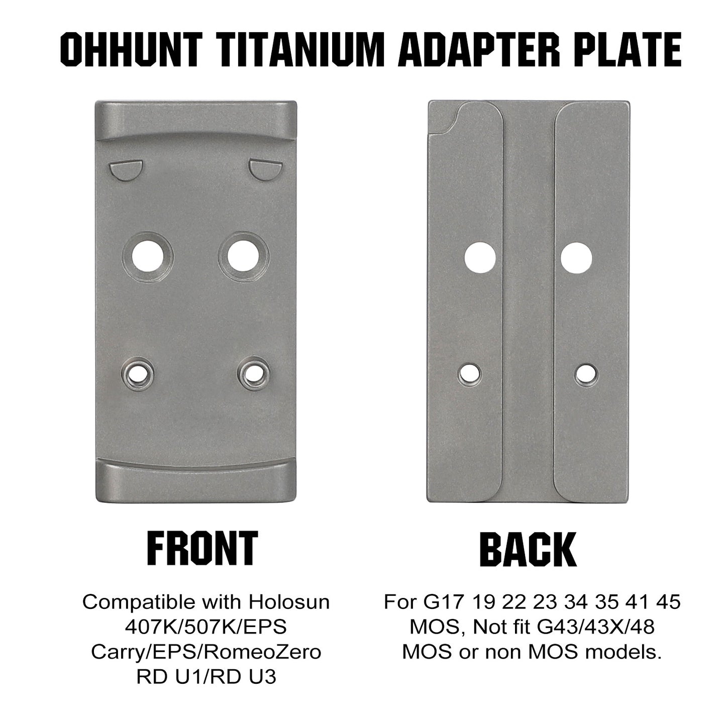 ohhunt® Titanium Adapter Plate Compatible with RMSc Cut Optic Holosun 407K/507K/EPS  Carry/EPS/RomeoZero/ohhunt RD U1/RD U3 for Glock 17 19 MOS
