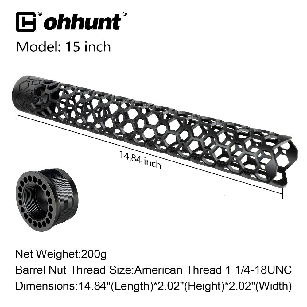 ohhunt® AR-15 Ultra Lightweight Hex Free Float Handguard with Barrel Nut Honeycomb Round Tube 7" 9" 12" 15"