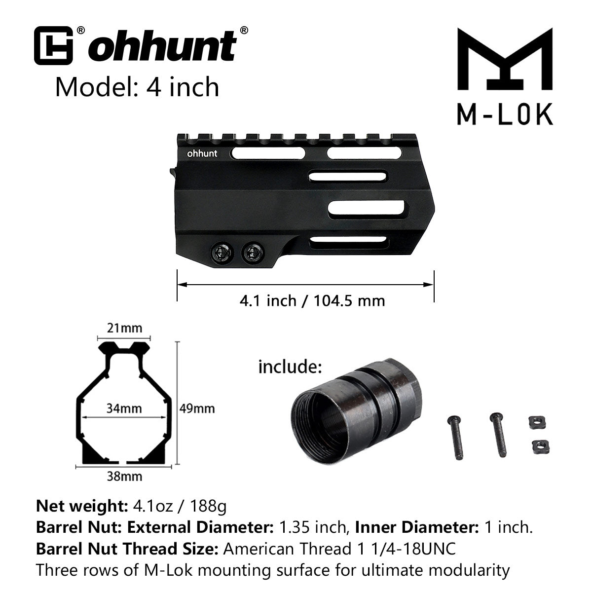 ohhunt® 4 inch M-Lok Handguard with Barrel Nut for AR-15 M4 Pistols