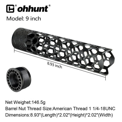 ohhunt® AR-15 Ultra Lightweight Hex Free Float Handguard with Barrel Nut Honeycomb Round Tube 7" 9" 12" 15"