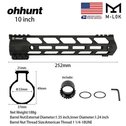 ohhunt® AR-15 Mid Length Ultra Slim Lightweight Free Float Handguard 10 inch M-LOK  With Barrel Nut