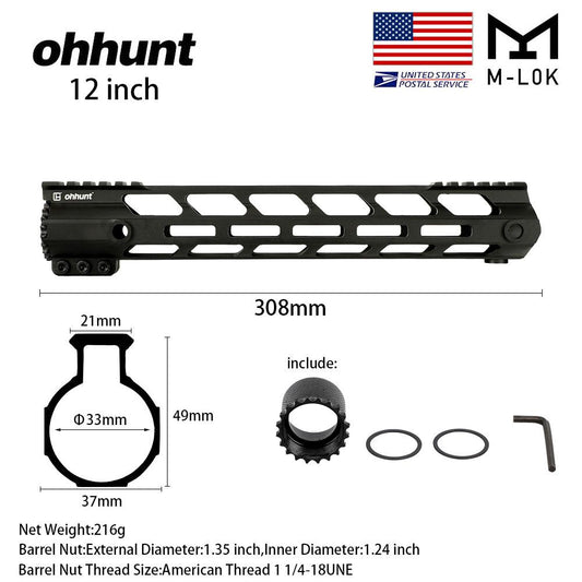 ohhunt® AR-15 12" Ultra Slim Lightweight Free Float M-LOK Rail Handguard With Barrel Nut For Rifle