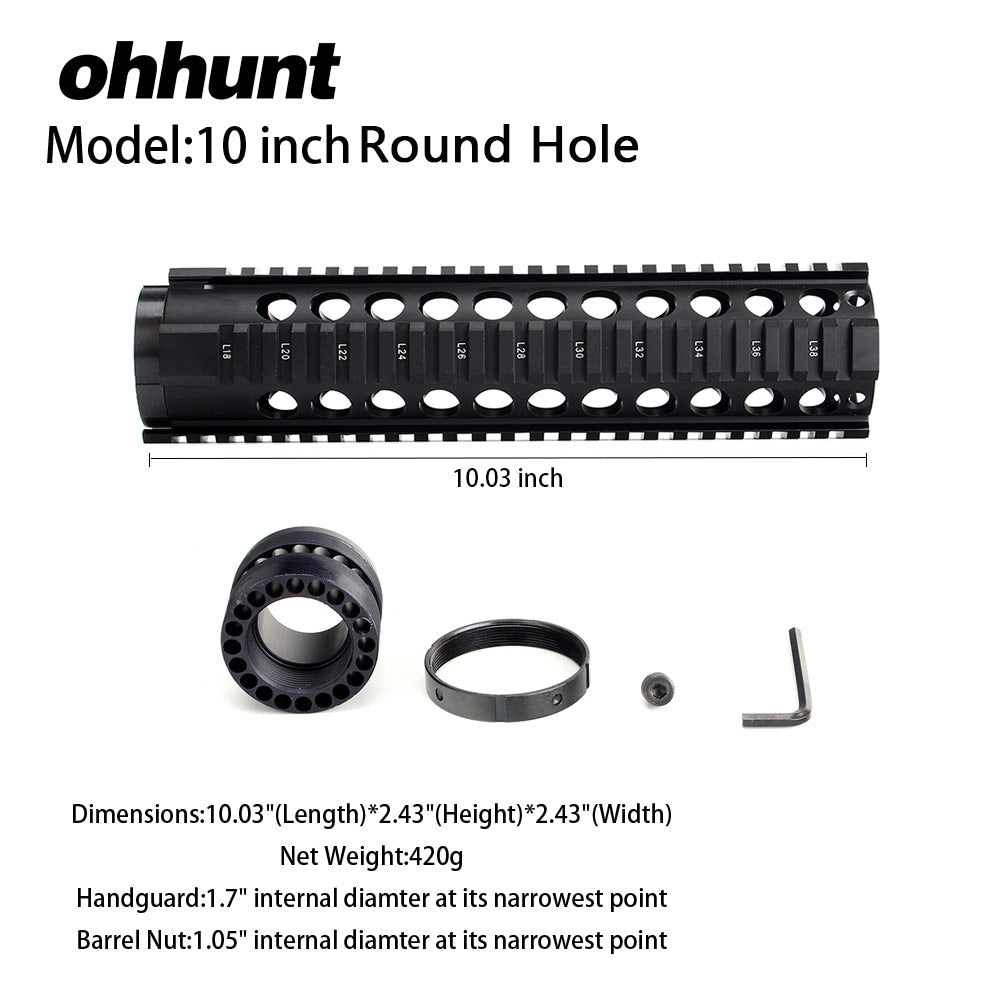 ohhunt® AR-15 10" Free Float Quad Rail Handguard - Round Vent Holes