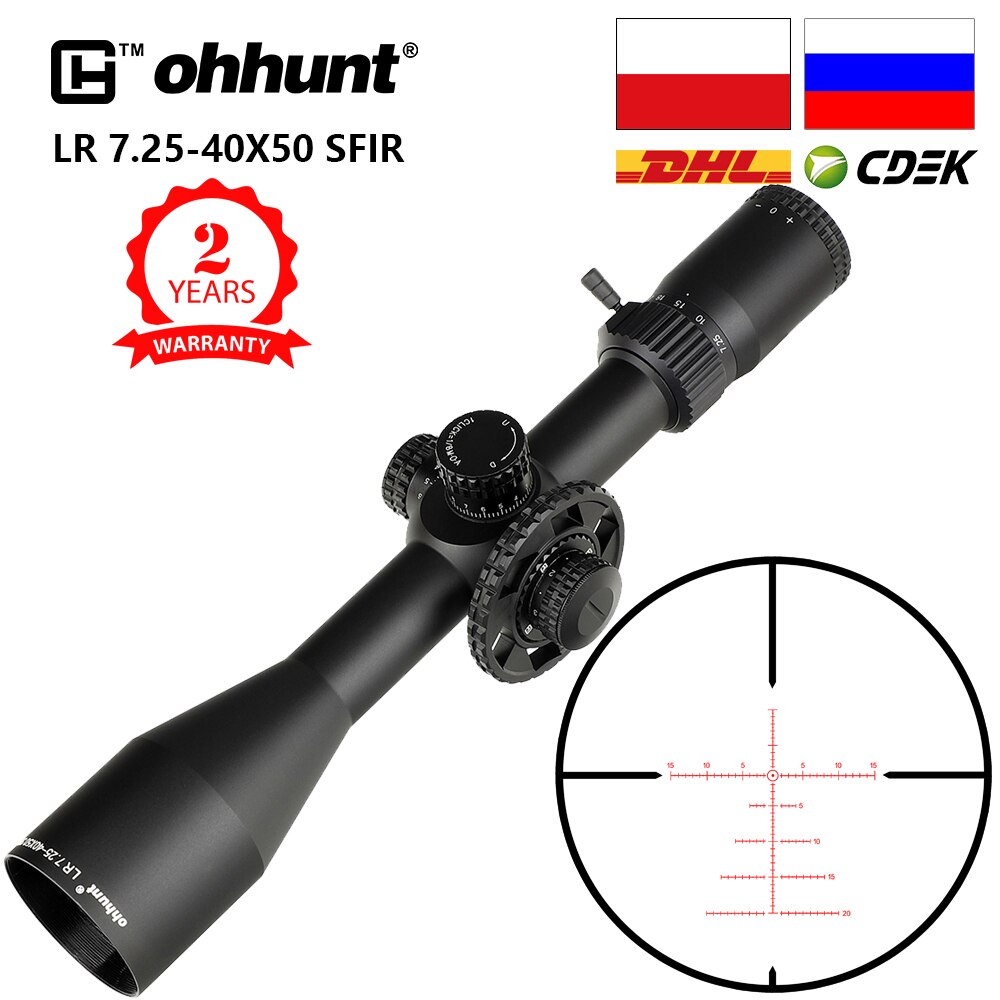 ohhunt LR 7.25-40X50 SFIR Red Illumination Hunting Riflescope Glass Etched Reticle Side Parallax Turret Lock Reset