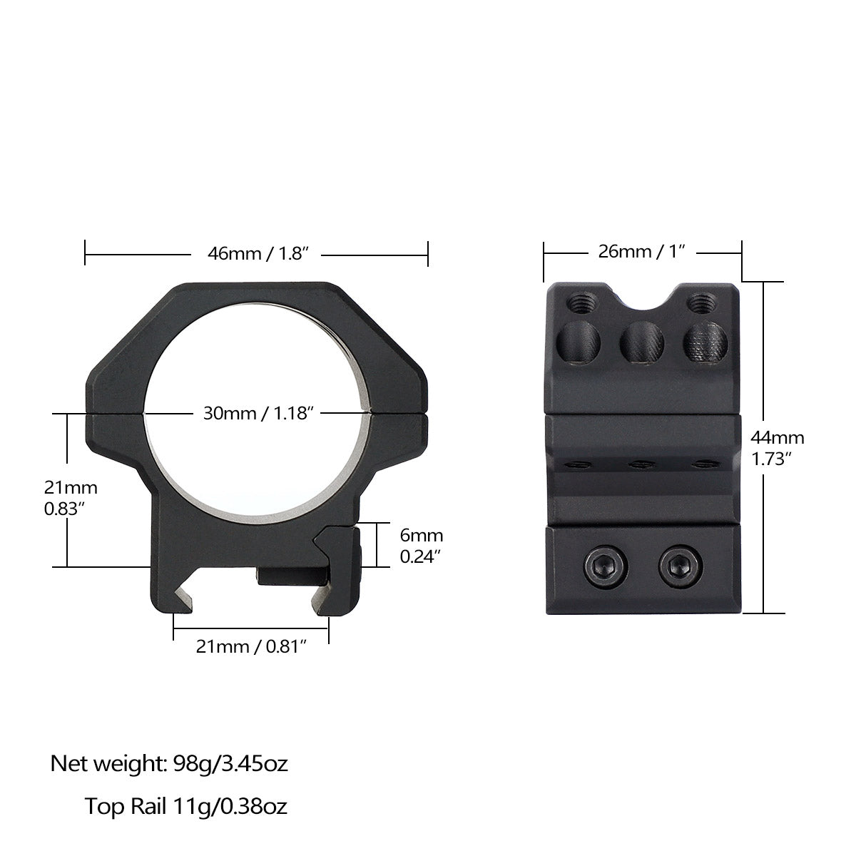 ohhunt® 1 inch 30mm Scope Rings with Picatinny Rail on Top - Low Profi