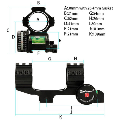 ohhunt 1 inch 30mm Picatinny Rings Mount with Angle Cosine Indicator Kit Bubb Level and Top Rail
