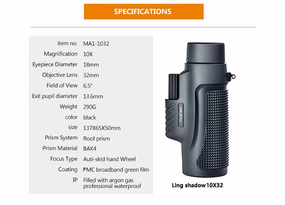 ohhunt 10X32 BAK4 Binoculars Monocular Waterproof Fogproof Zoom Power Birdwatching Telescope